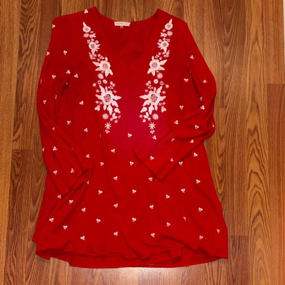 Sugarlips Red Blouse with White Floral Embroidery